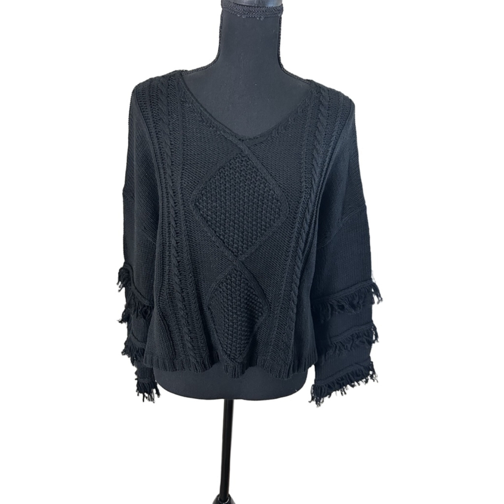 Olivaceous Black Hi-Low Fringe Cable Knit Sweater Small NWT